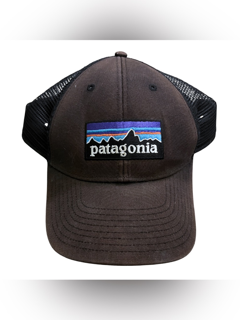 Patagonia P-6 Logo Trucket Hat Brown Distressed Embroidered Baseball Cap Outdoor